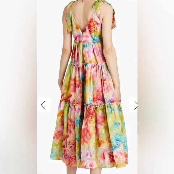 MARCHESA NOTTE Tiered metallic fil coupé floral-print woven maxi dress Large - Picture 4 of 11